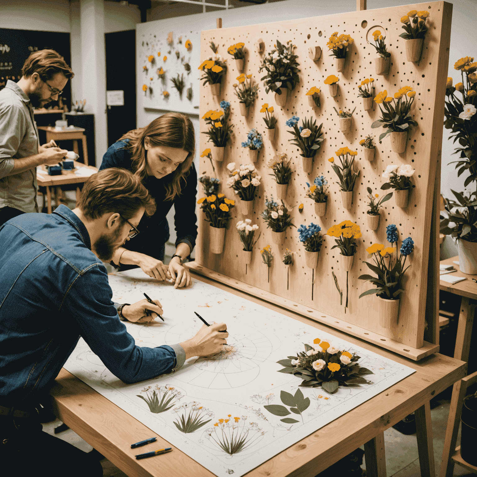 Diseñadores de Fluxpin trabajando en el nuevo tablero Flor de Primavera, rodeados de bocetos florales y prototipos de caminos de Plinko