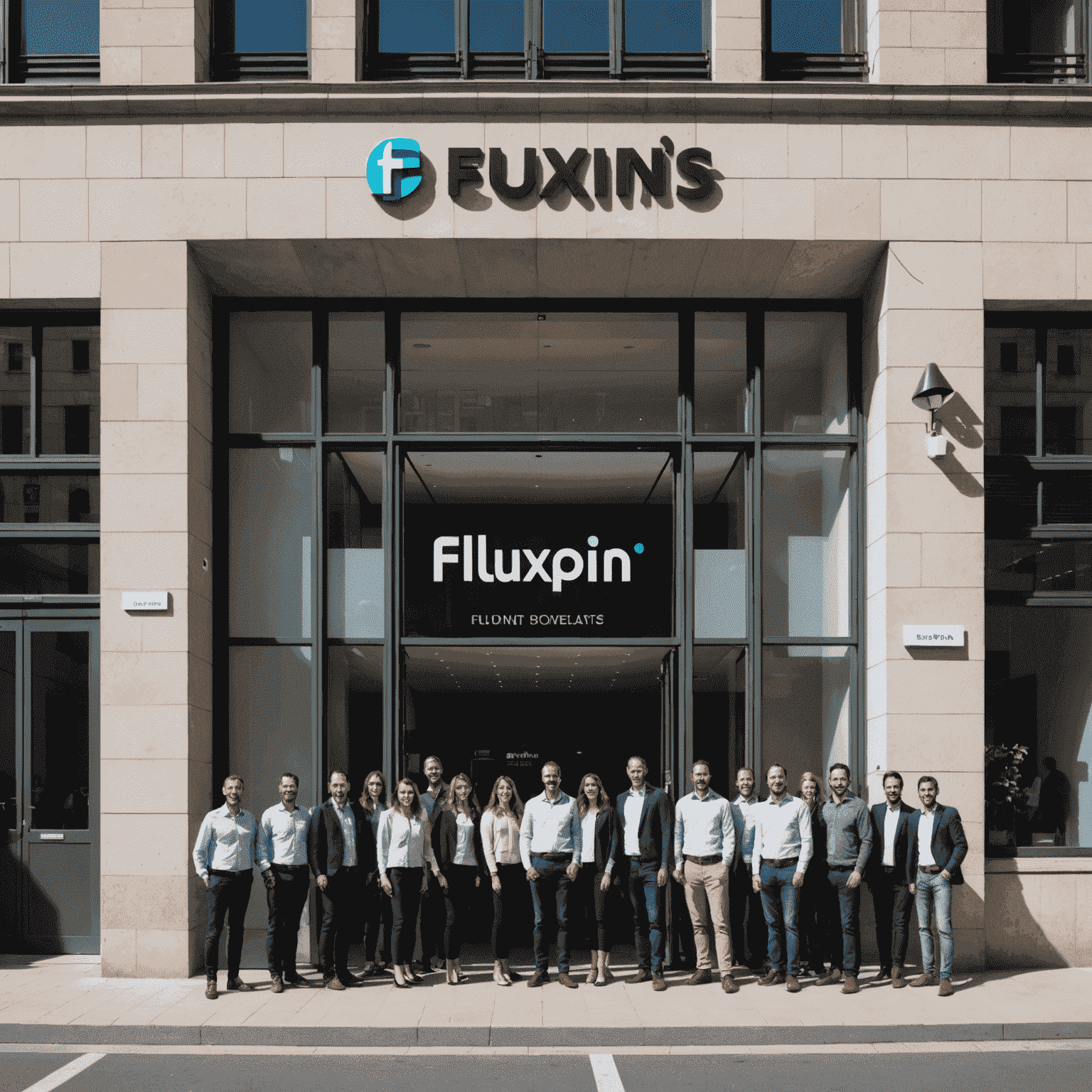Fachada de la nueva oficina de Fluxpin en Barcelona, con el logo de la empresa en la entrada y empleados celebrando la apertura