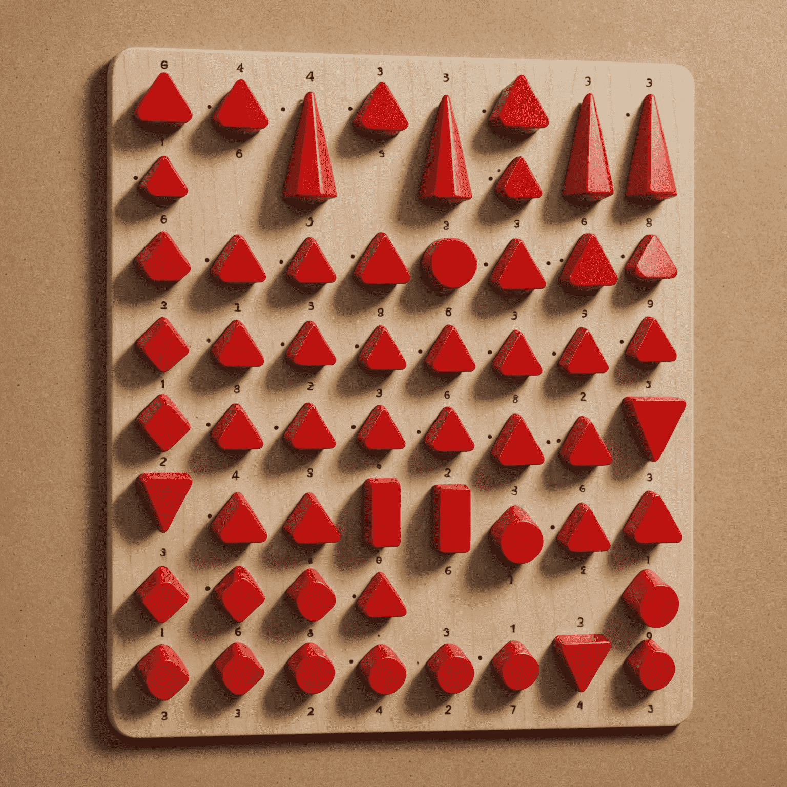 Tablero de Fluxpin con forma triangular, clavijas distribuidas uniformemente y contenedores de puntos en la parte inferior. Una ficha roja cae entre las clavijas.