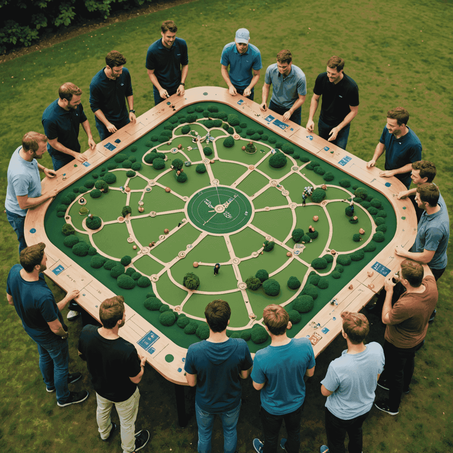 Torneo de Fluxpin en acción: jugadores emocionados alrededor de un tablero de Fluxpin gigante con caminos estacionales