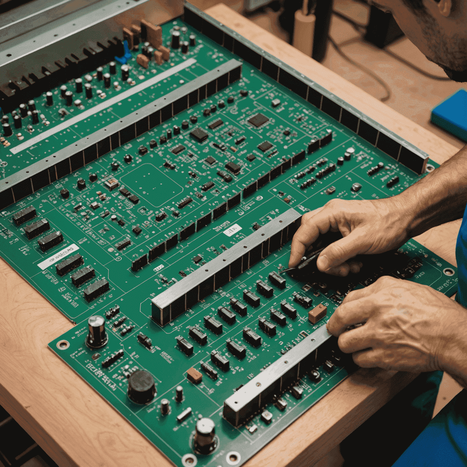 Técnico reparando una tabla Fluxpin, ajustando cuidadosamente los pines y caminos estacionales