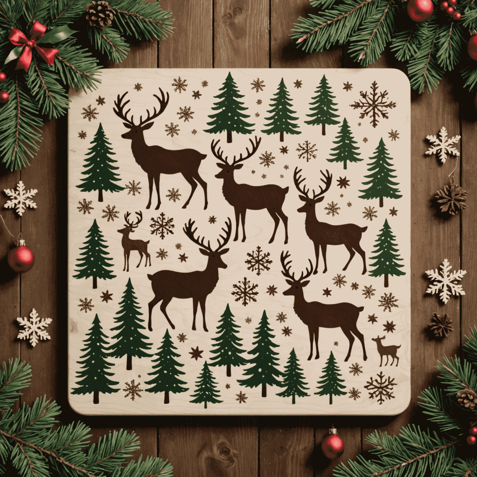 Tablero de Fluxpin con diseño navideño, con pinos, copos de nieve y renos