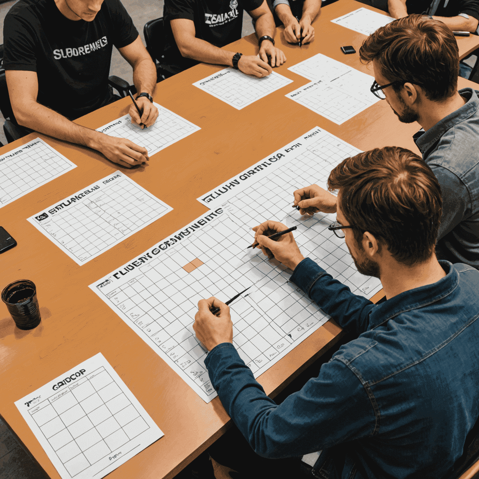 Equipo de organización de Fluxpin preparando un torneo: configurando tableros con caminos estacionales y revisando brackets