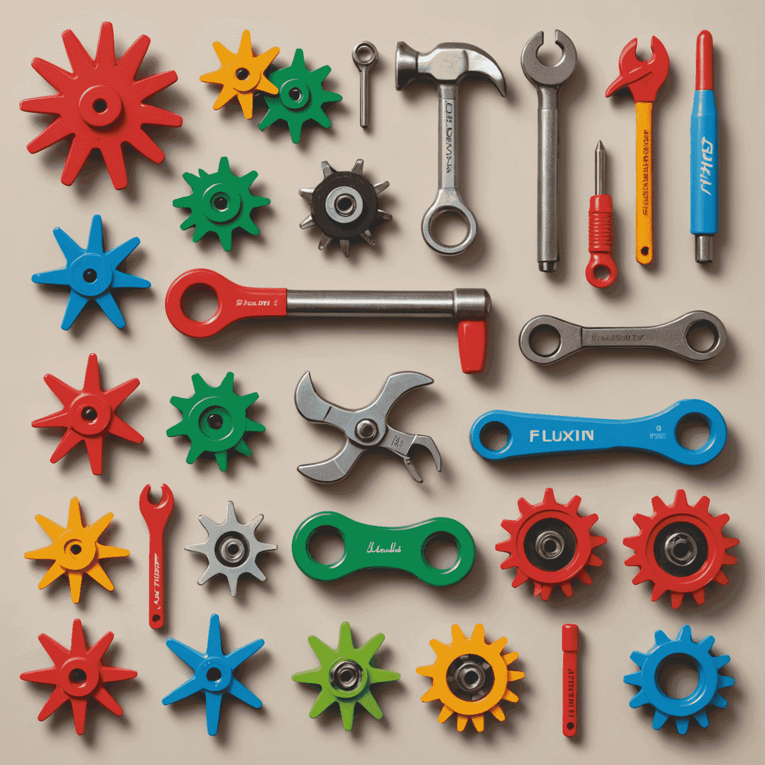 Variedad de herramientas especializadas y piezas de repuesto para Fluxpin, incluyendo pines de colores y elementos temáticos de temporada