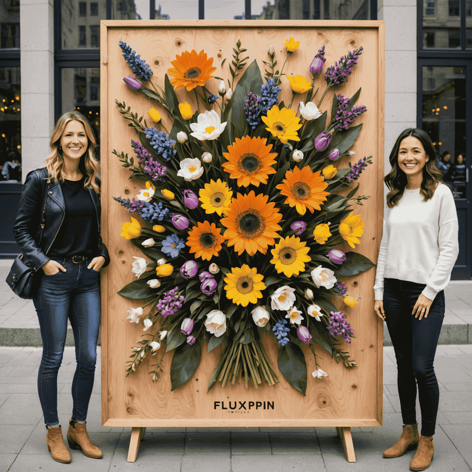 Equipo de Fluxpin celebrando el lanzamiento del nuevo tablero Flor de Primavera, con el producto final en el centro
